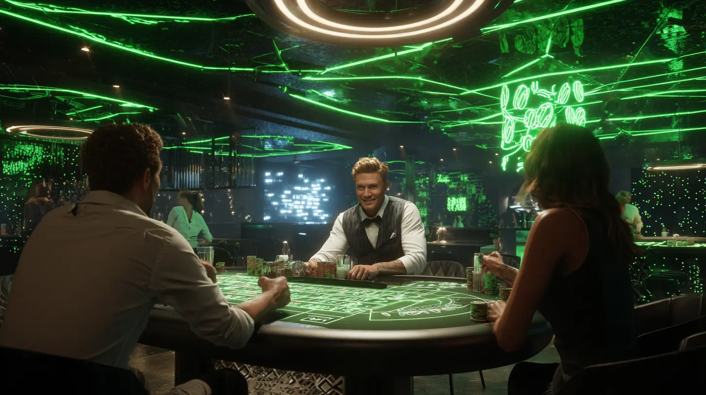 Mesa de ruleta de Jugabet con copas y luces neón verdes en sesión nocturna